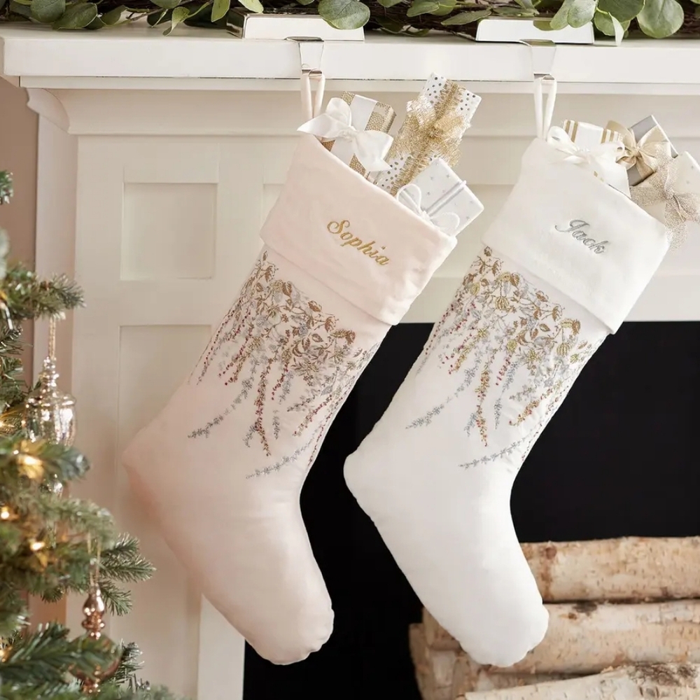 Embroidered White Christmas Stocking
